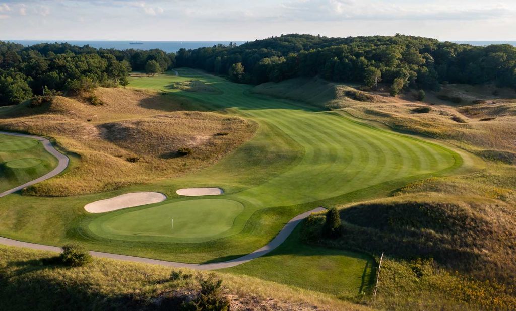 A drone shot of the Lincoln Hills Golf Course in Michigan