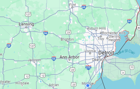 A Google Map showing part of the Southeast Michigan region, including Ann Arbor, Lansing, Auburn Hills, and Detroit.