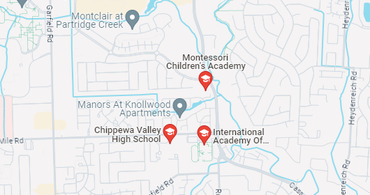 A Google Map screenshot showing a few schools in Macomb County, MI, including Chippewa Valley High School and the Montessori Children's Academy