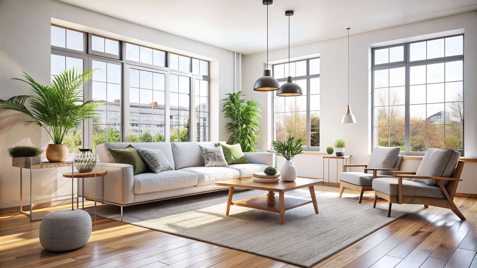 A sitting room/living room with big windows, bringing in lots of natural light into the room