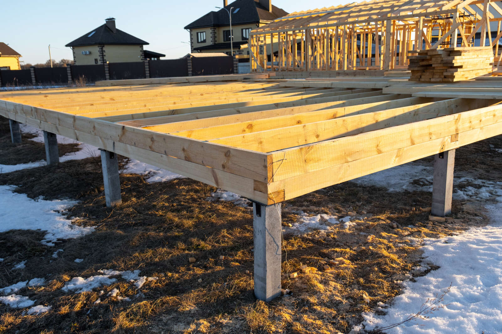 the foundation frame of a home on stilts 