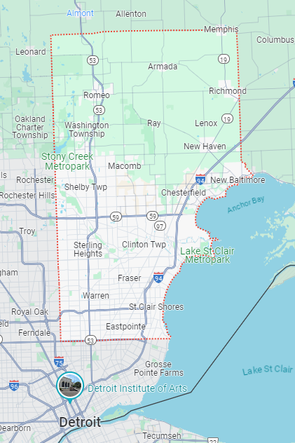 A Google Maps screenshot with a red outline highlighting Macomb County, Michigan